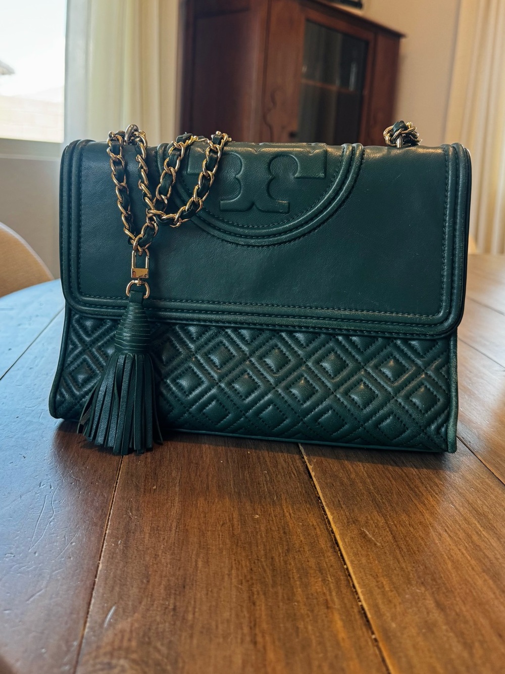 Tory Burch Medium Leather Fleming Bag in Dark Green